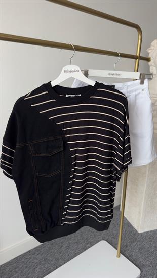 Neda Çizgili Kot Garni Siyah Tshirt