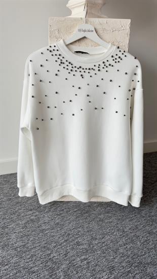 Mood İncili Beyaz Sweatshirt