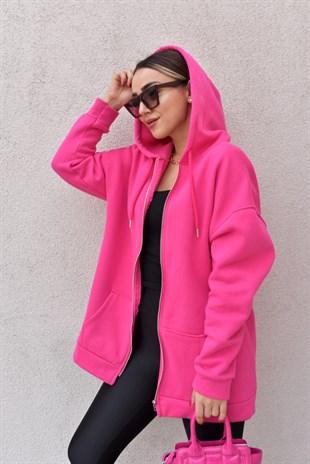 Fermuarlı Pembe Şardonlu Sweatshirt