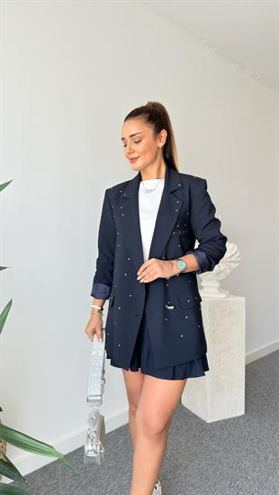 Lacivert Sia Taş Detaylı Blazer Ceket