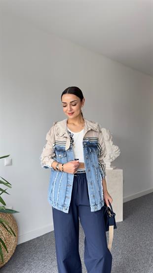 Bej Paraşüt Detaylı Kapüşonlu Jean Ceket