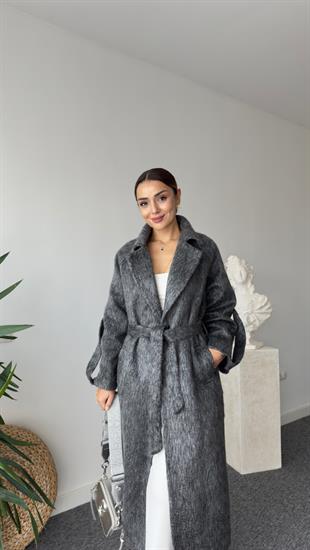 Lovi Kollar Düğme Detaylı Astarlı Gri Kaşe Kaban