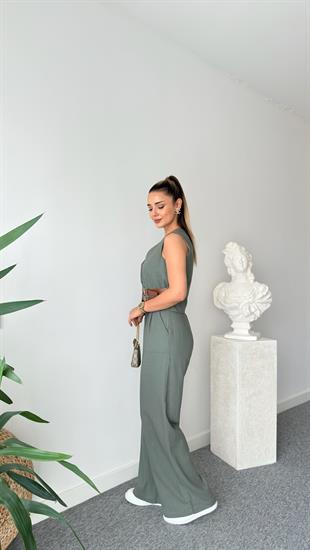 Haki Pevil Kemer Detaylı  Yelek Pantolon Takım