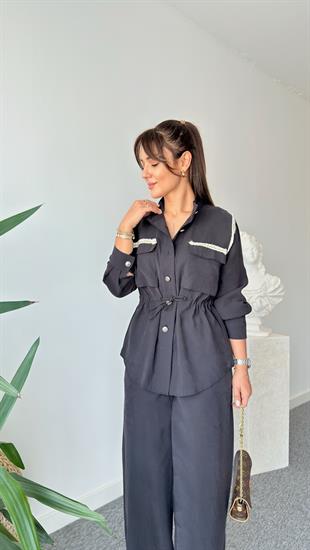 Siyah Taliz Bel Büzgülü Aksesuarlı Tensel Takım