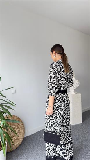 Kemerli Etnik Desen Maxi Crep Elbise