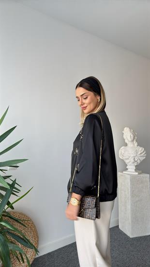 Flav Taş Detaylı Saten Bomber Ceket