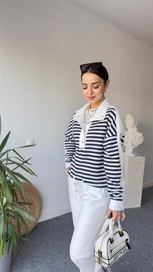 Deri Garnili Çizgili Sweatshirt