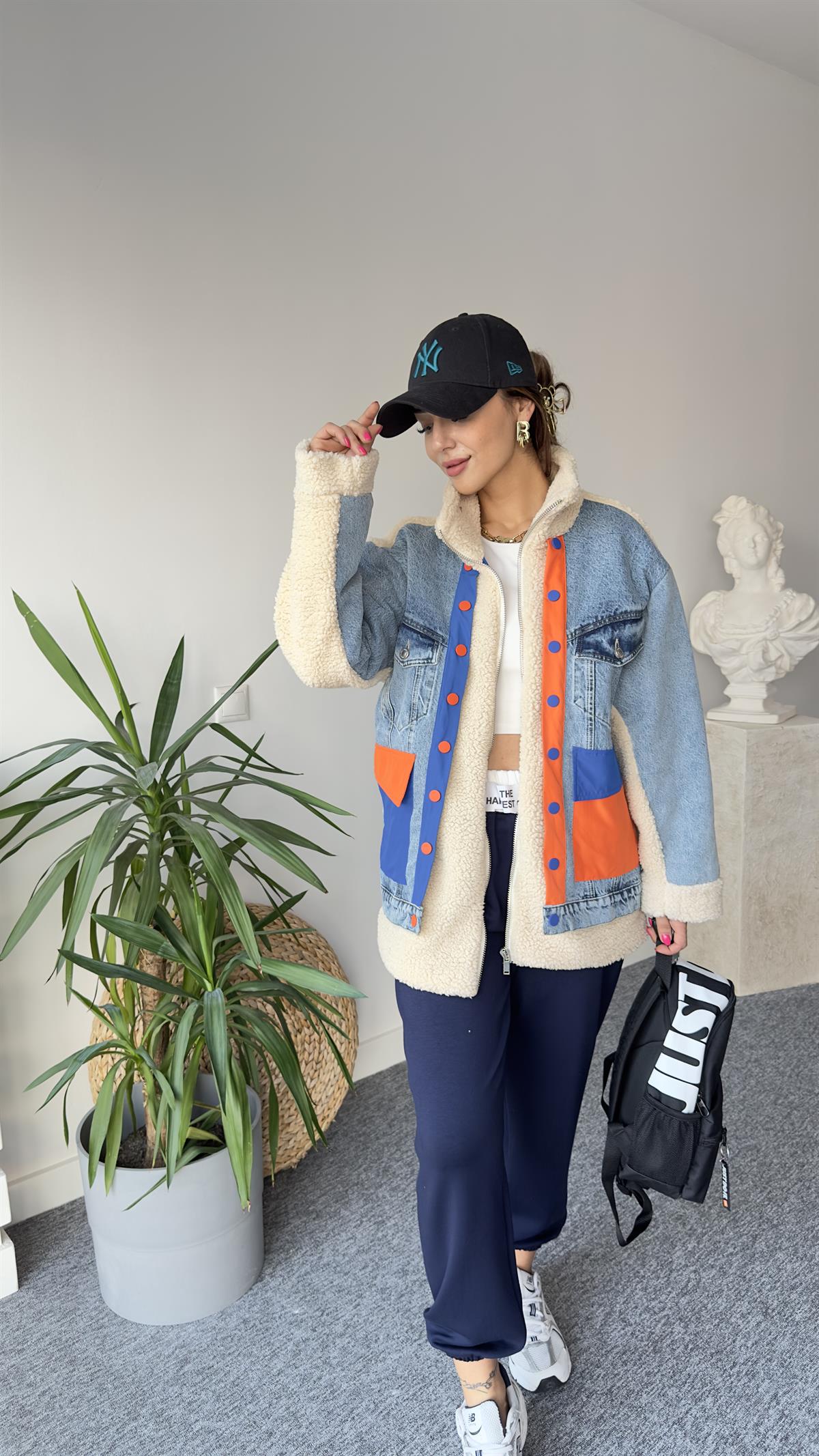 Denim Mix Turuncu Detay Peluş Mont 