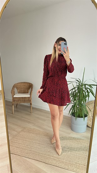  Kırmızı Leopar Desen Elbise 