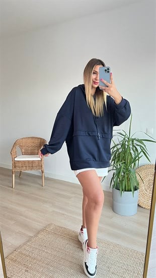 Lacivert Oversize Kapüşonlu Sweat