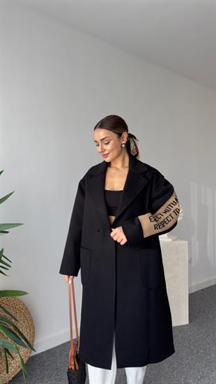 Marike Orj Model Yazı Detaylı Astarlı Siyah Kaban