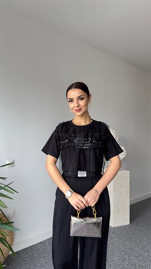 Tül Ve Aksesuar Detaylı Siyah Tshirt