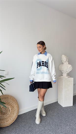 Gömlek Yaka Paris Yazılı Sweatshirt