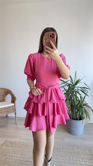 Pembe Katlı Balon Kol Elbise