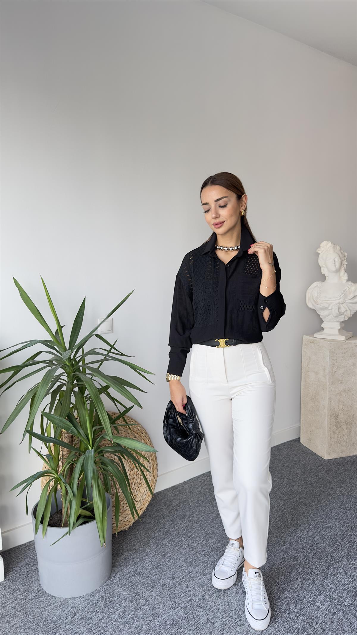 Triko Detay Orj Model Siyah Gömlek 
