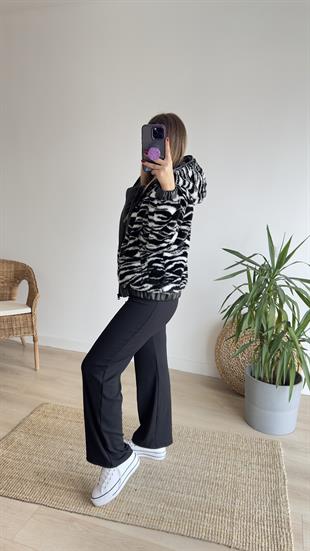 Deri Garnili Zebra Desen Peluş Mont