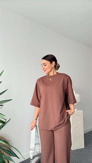 Kahve Calza Vatkalı Tok Doku Tshirt