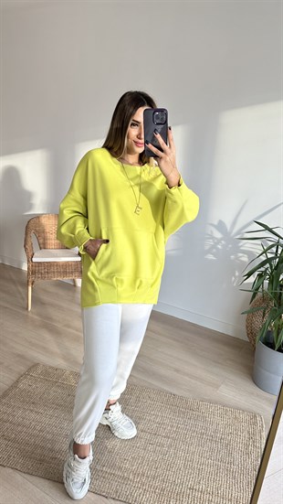 Pileli Yanları Yırtmaçlı Yeşil Sweat
