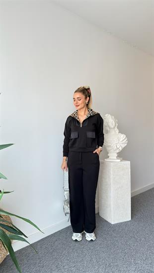 Siyah Premium Leopar Detaylı Modal Takım