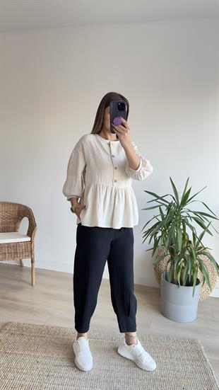 Düğmeli Keten Bluz