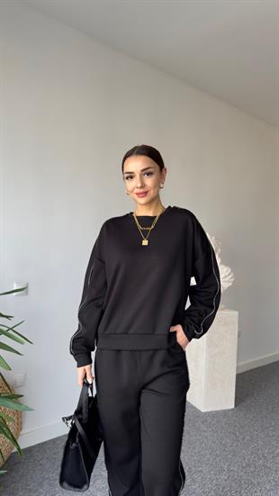 Taş Şerit Detaylı Siyah Modal Takım