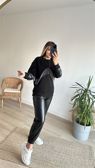 Deri Ve Zincir Detaylı Siyah Sweat