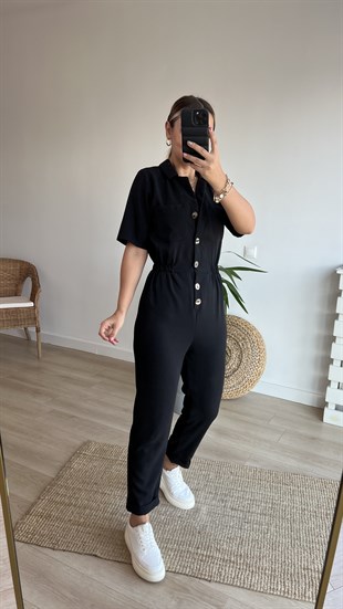 Düğme Detaylı Beli Lastikli Siyah Tulum