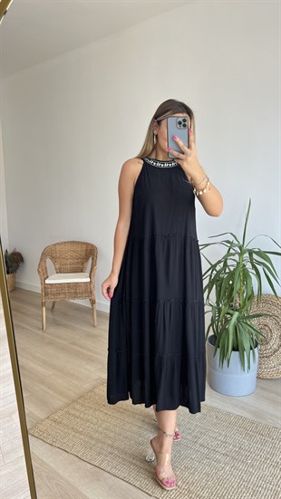 Yaka İşleme Detay Siyah  Elbise 