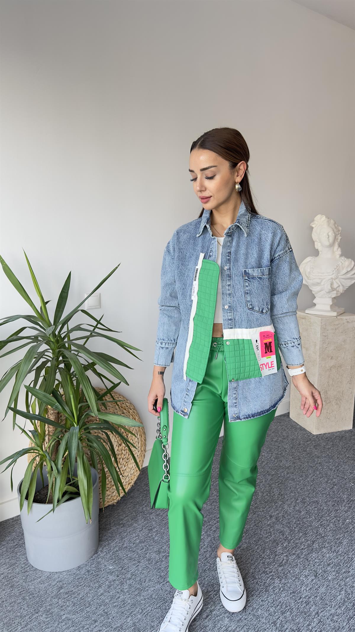 Yeşil Kapitoneli Etiket Detaylı Ceket