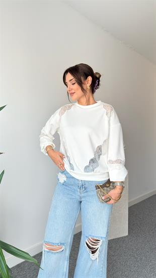 Beyaz Dantel Detaylı Modal Sweat