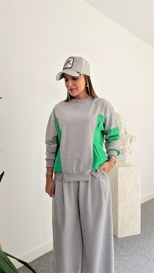 Yeşil Yan Paraşütlü Gri Sweatshirt