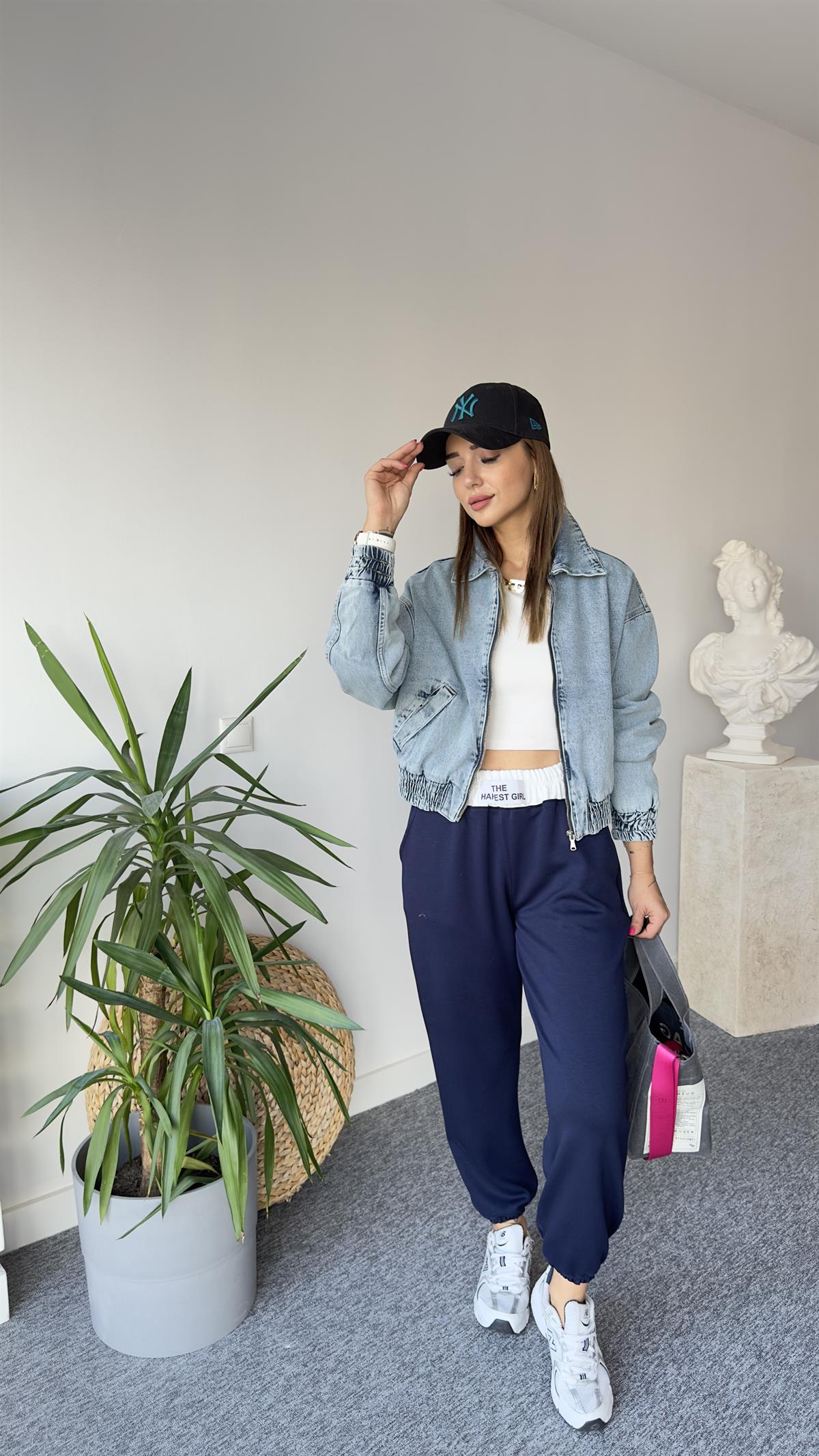 Beli Lastikli Jean Bomber Ceket
