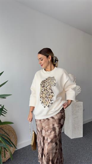 Naji Leopar Baskılı Bej Sweatshirt
