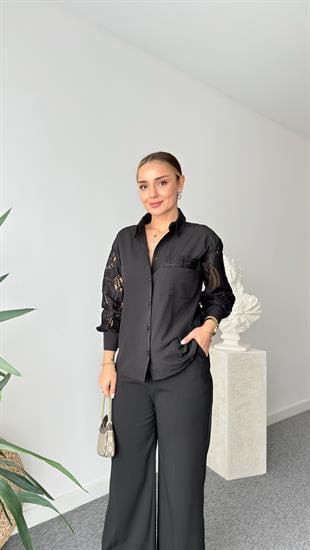 Siyah Frey Dantel Detaylı Gömlek