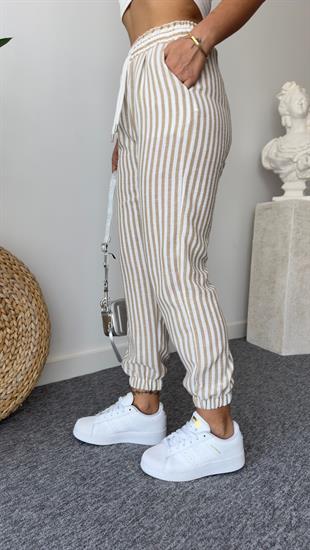 Bej Çizgili Keten Jogger Pantolon