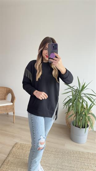 Üç İplik Zincirli Siyah Sweat