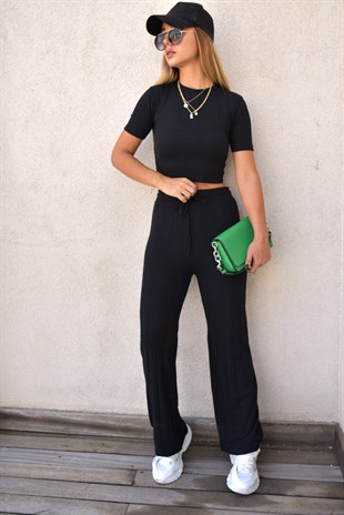 Fitilli Siyah Crop Takım