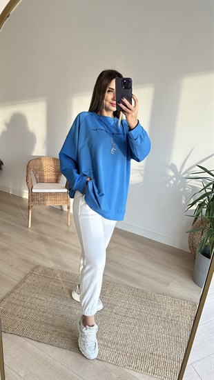 İki iplik Yazılı Salaş Mavi Sweat