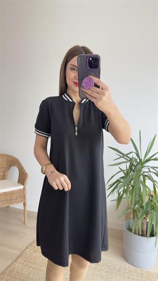 Ribanalı Fermuar Detay Siyah Elbise 
