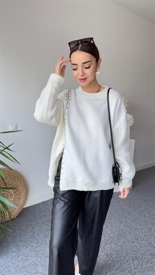 Fermuarlı Taş Detay Orj Model Ekru Tasarım Sweat 