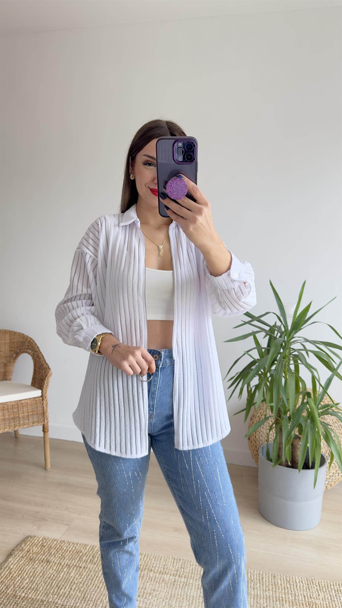 Fermuarlı Şerit Detay Beyaz Ceket