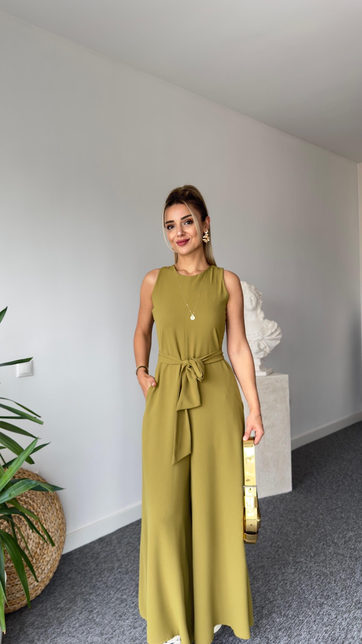 Carta Kuşaklı Olive Bol Paça Tulum