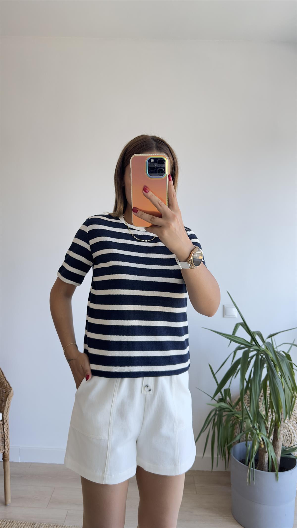 Massi Çizgili Lacivert Örme Tshirt