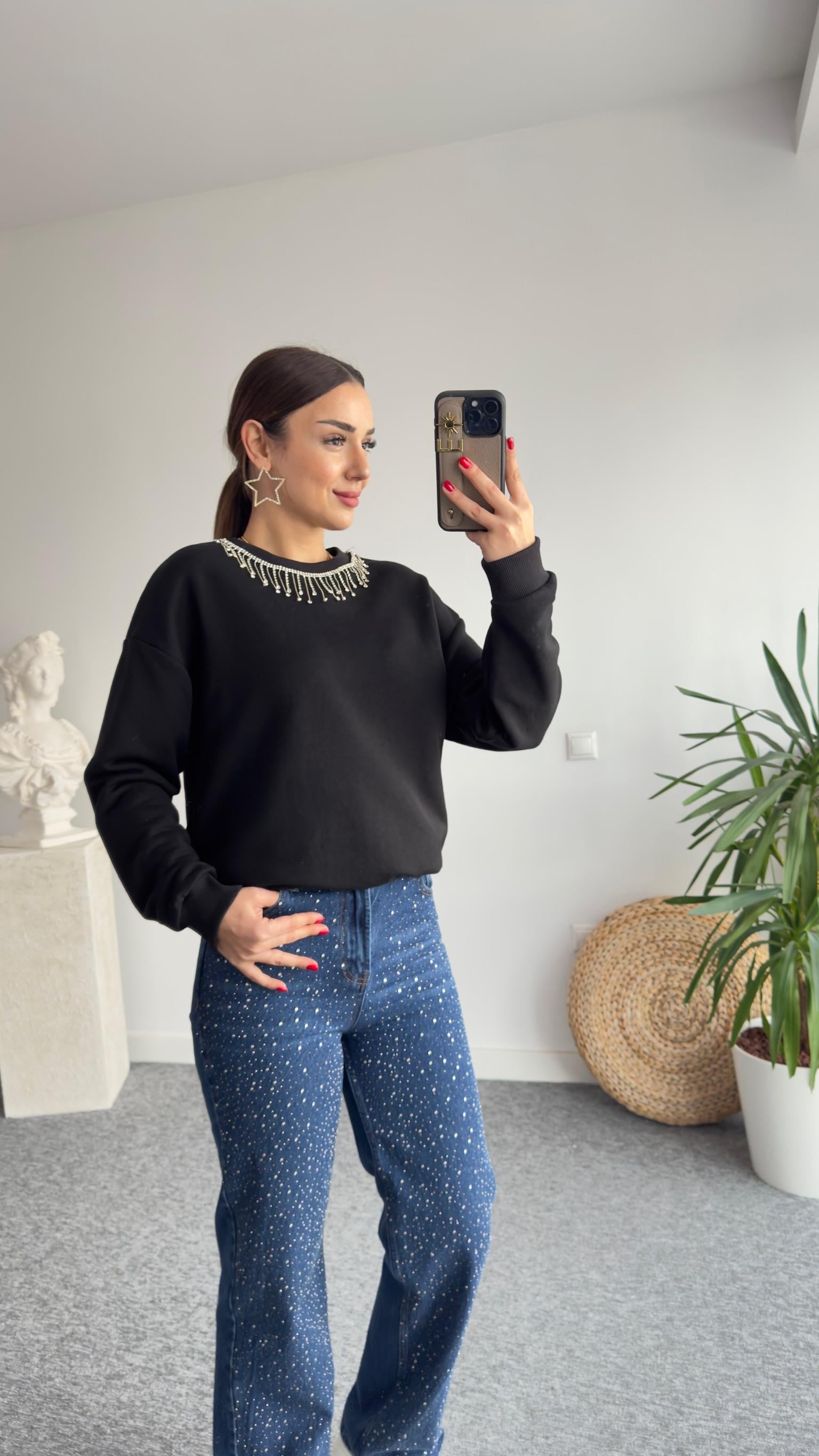 Gtip Yaka Taşlı Siyah Sweat