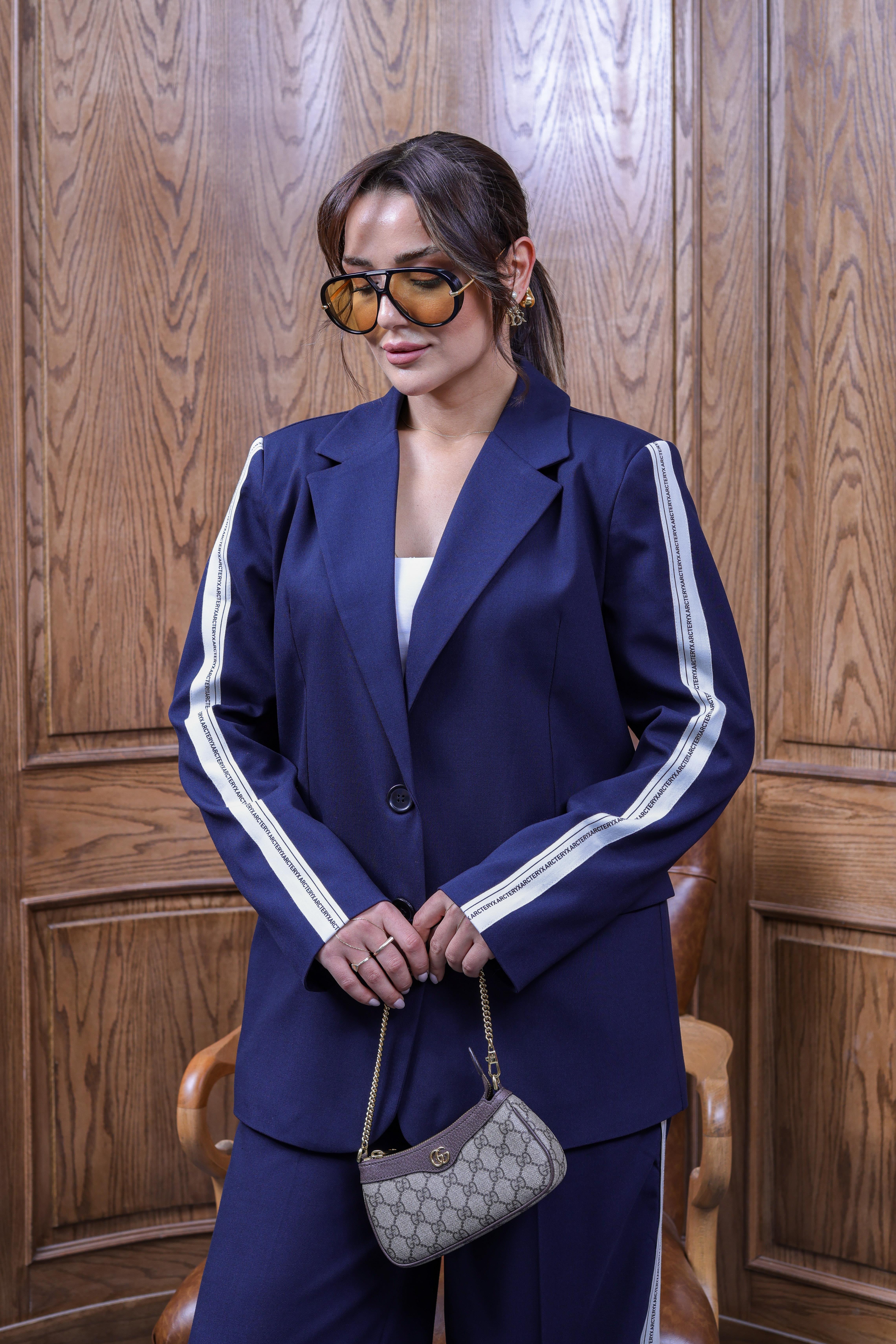 Lacivert Silya Şerit Detaylı Blazer Pantolon Takım