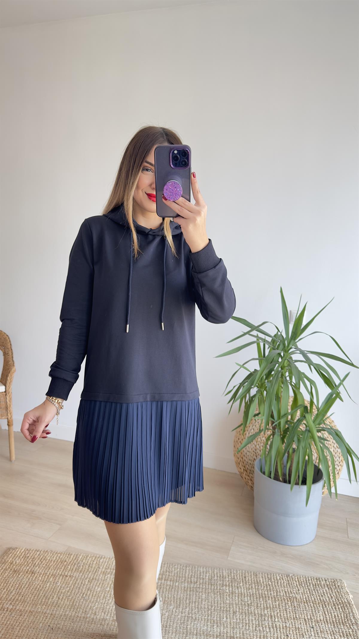 Kapüşonlu Lacivert Sweat Elbise 