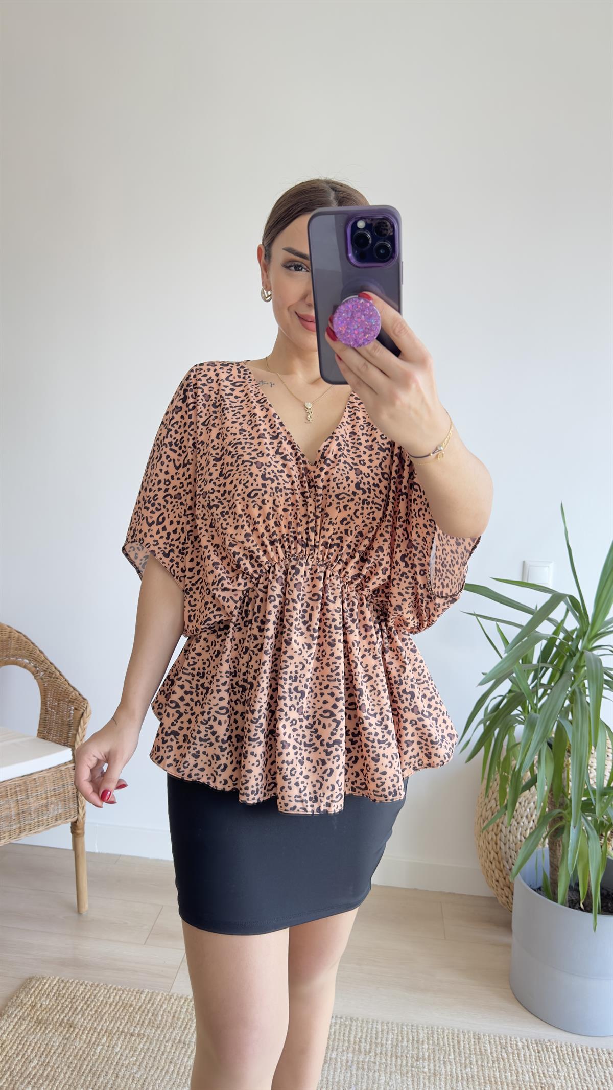 Yarasa Kol Bel Büzgülü Leopar Bluz