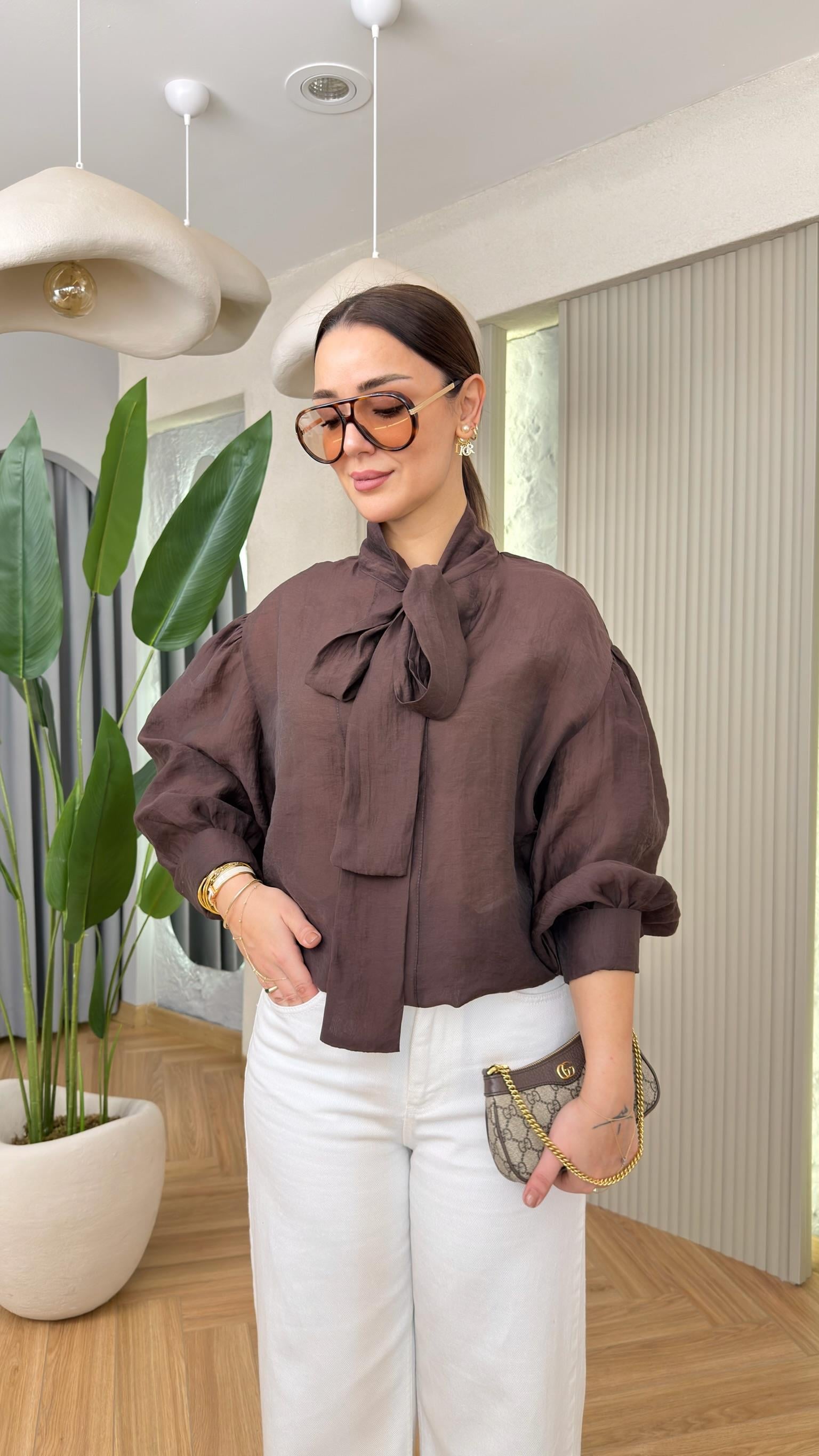 Kahve Minerve Balon Kol Fularlı Bluz