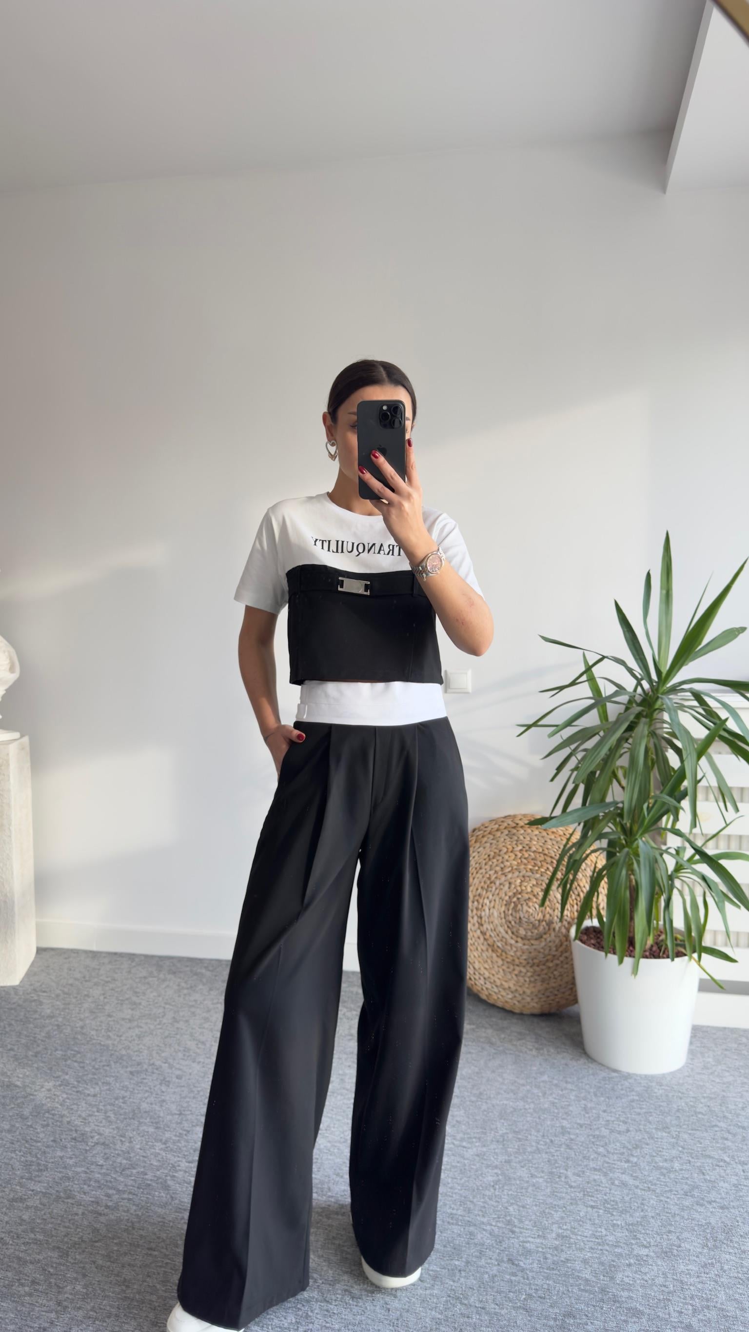 Kalın Kemer Detaylı Arkası Lastikli Siyah Palazzo 