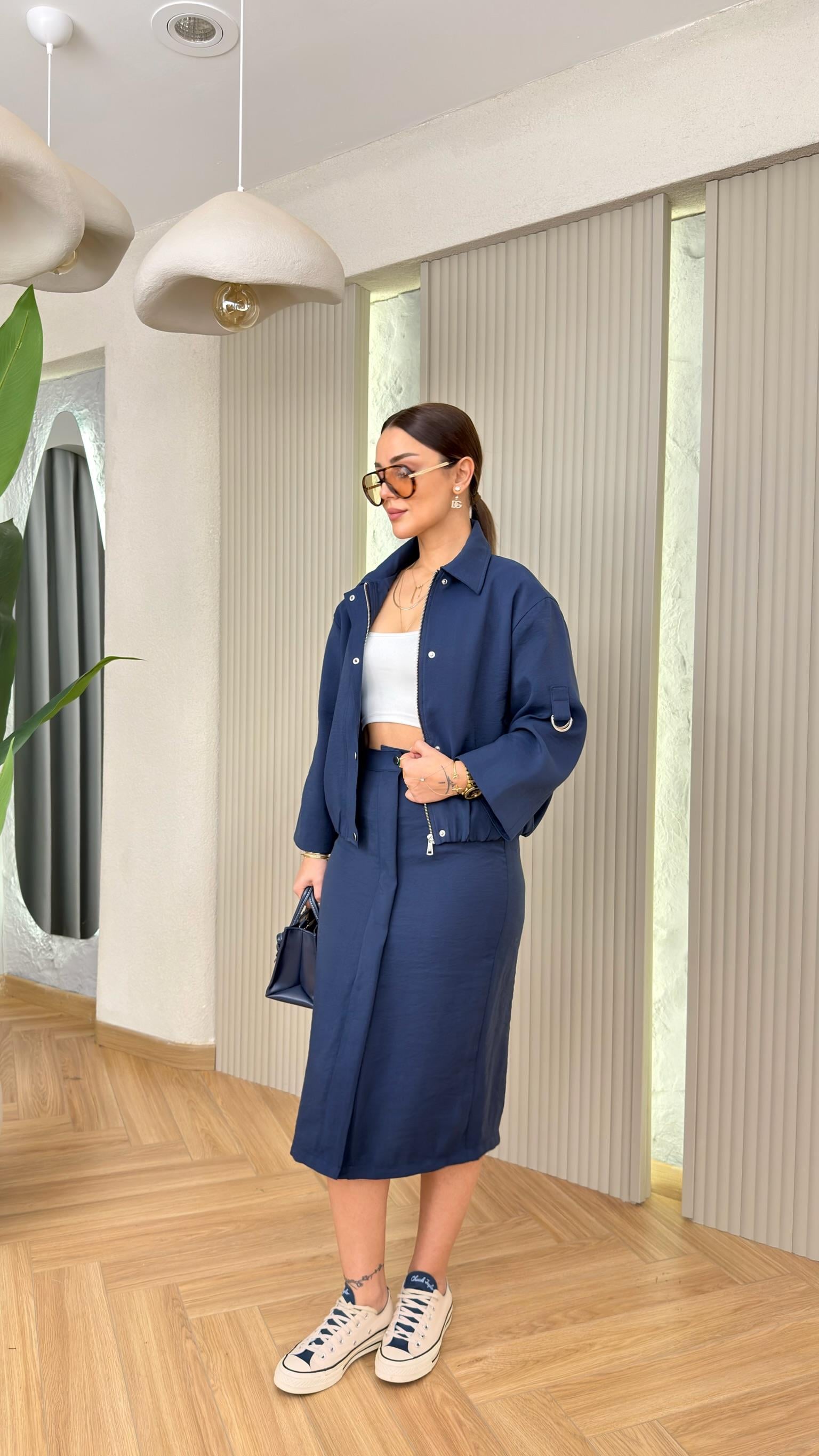 Lacivert Lemina Tensel Etek Ceket Takım